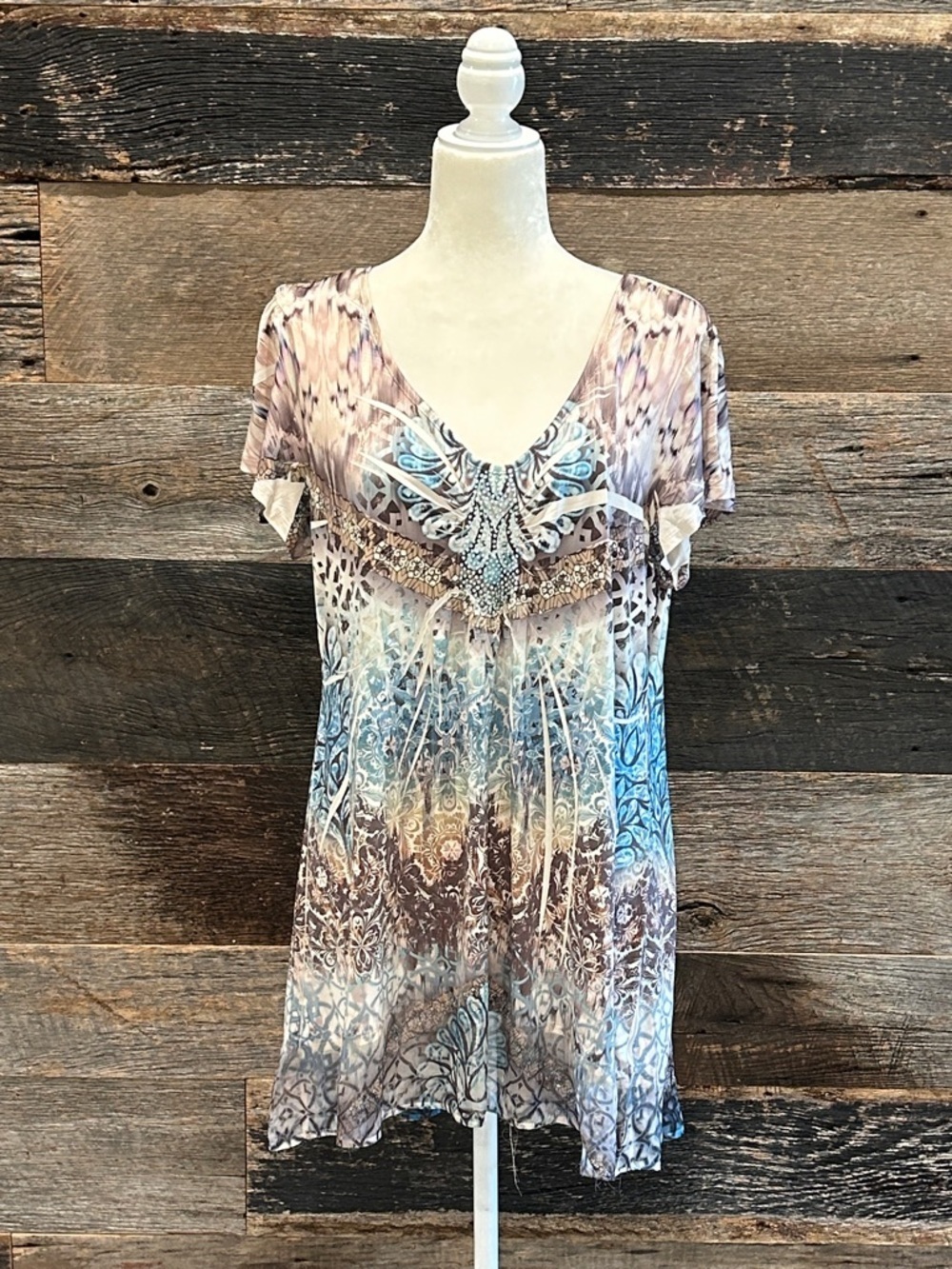live and let live Turquouse Rhinestone and Brown V-Neck Tunic Top. XL